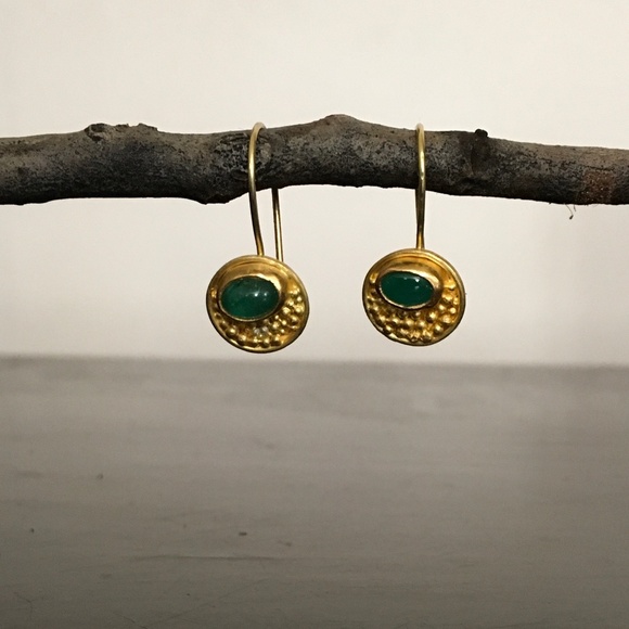 22K Gold Granulated Emerald Cabochon Drop EarrIngs - Picture 7 of 8